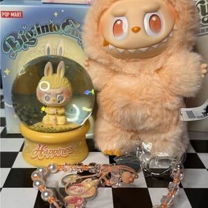 Labubu bundle of 3 happiness plush pendant snow globe and phone charm